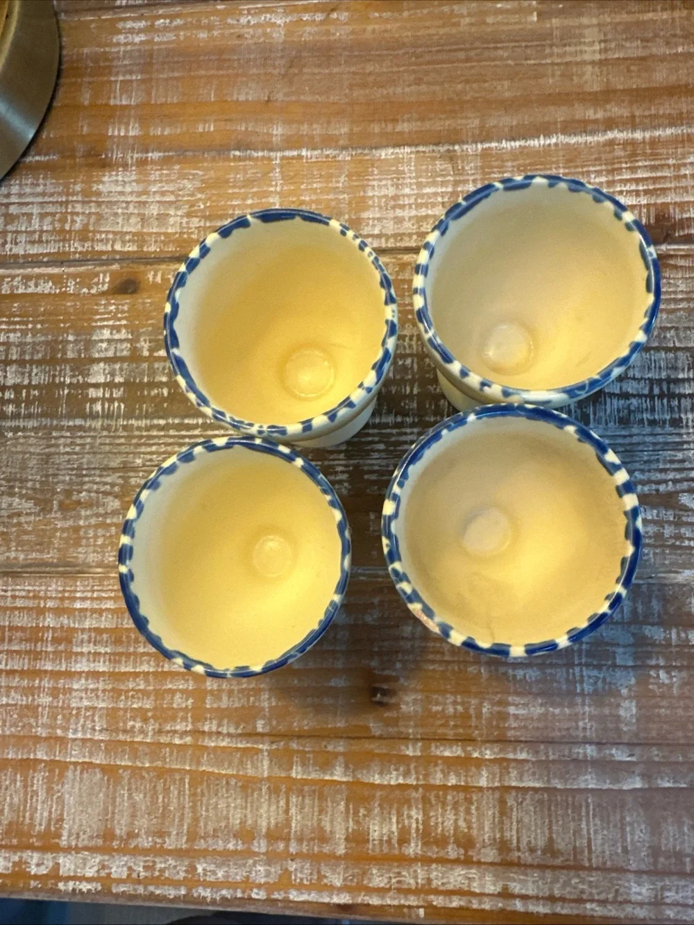 Vintage Ceramic Egg Cups Hand-painted Rooster Design Blue Sponged Rim Easter